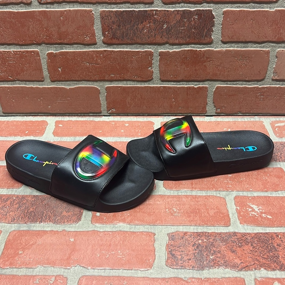 Champion 'IPO JELLIE' Black/Tie Dye Logo Slide Sandals Women's Size 6W